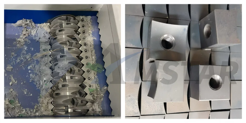 Shredded plastic pieces conveyed to downstream recycling equipment