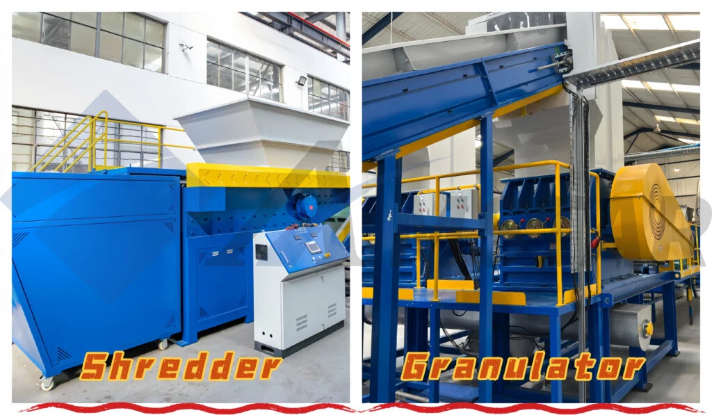 Plastics shredder and granulator side by side in a recycling plant