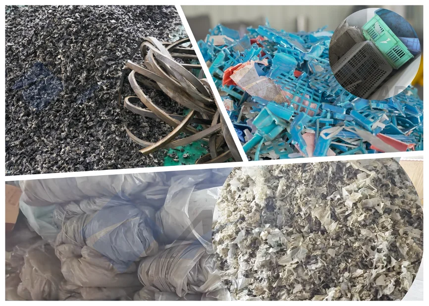 Shredded plastic and rubber chips ready for further processing
